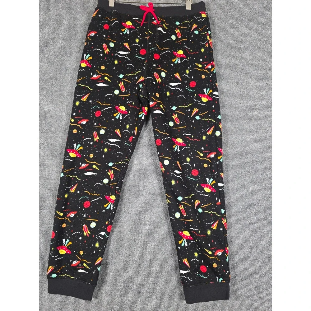 Lands End Girl Pajama Pants XXL 18-20 Black‎ Space UFO Rocket Print Fleece Lined